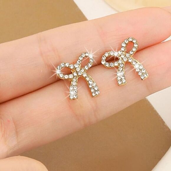 New 925 Silver Gold Exquisite  Bowknot With Shiny Zircon Decor Stud Earrings - Picture 4 of 6